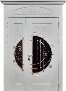 Стальная полуторная термодверь с остеклением, фрамугой, карнизом и ковкой (МДФ RAL белого цвета) Стальная полуторная термодверь с остеклением, фрамугой, карнизом и ковкой (МДФ RAL белого цвета)