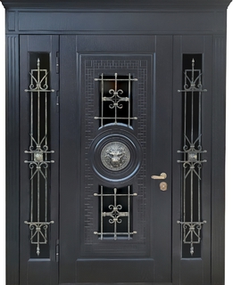 Парадная входная термодверь с карнизом, чеканкой «лев», стеклом и ковкой (панели МДФ) Парадная входная термодверь с карнизом, чеканкой «лев», стеклом и ковкой (панели МДФ)