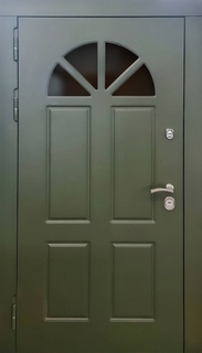Металлическая термодверь с полукруглым стеклопакетом (отделка МДФ RAL зеленого оттенка)