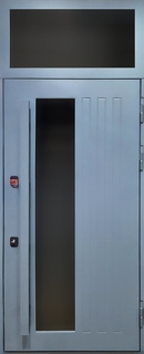 Стальная термодверь с остекленной верхней вставкой и бугельной ручкой (серые плиты МДФ RAL)