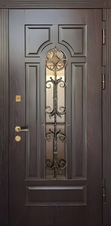 Входная дверь с терморазрывом, со стеклом и ковкой (отделка МДФ шпон)